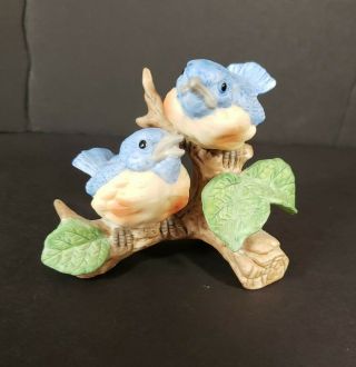 Vintage Lefton Blue Birds Chicks On Branch Figurine Handpainted Porcelain