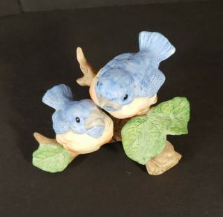 Vintage Lefton Blue Birds Chicks on Branch Figurine Handpainted Porcelain 2