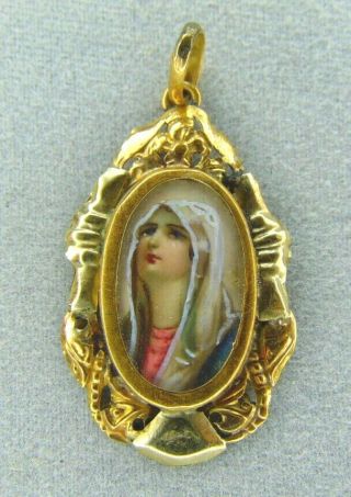 Antique 18k Yellow Gold Oil Paint Portrait Blessed Mother Mary Necklace Pendant