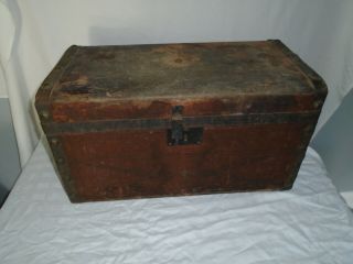 Antique Wooden Trunk With Metal Strips No Key Leather / Paper Cover ?