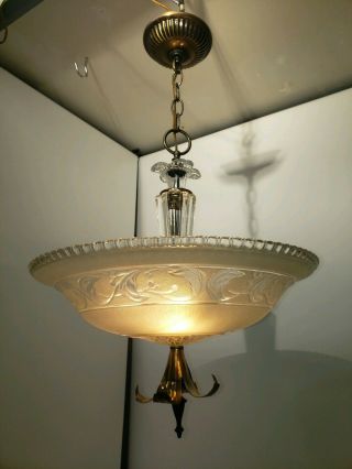 Vintage Art Deco Hanging Chandelier Crystal Ceiling Fixture Glass Shade 40 