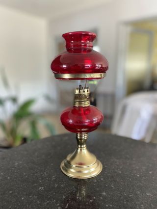 Vintage Oil Lamp Red Glass Mushroom Brass Plating Small 25cm