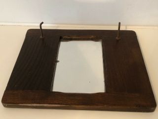 Antique Oak Wood Hall Accent Mirror With Rectangular Glass & Hooks For Keys Etc