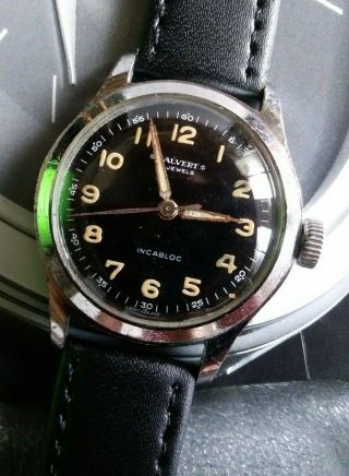 Vintage Ww2 Era Swiss Calvert Military Black Dial Ss 17 Jewels Mens Wrist Watch