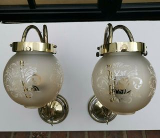 Brass Edwardian Wall Lights Glass Shades Vintage Antique