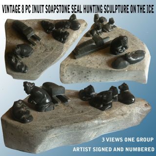 Vintage Inuit Soap Stone Sculpture 8 Pc Seal Hunter W/ Sled&dogs Signed&numbered