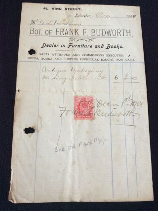 Vintage Receipt For Antique Mahogany Writing Table 1908 Frank Budworth