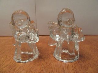 Pair Set 2 - Vintage Crystal Clear Glass Cherub Angel Candlestick Holders Euc