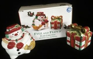 Fitz & Floyd " Plaid Christmas " Snowman & Gift Box Salt & Pepper Shakers