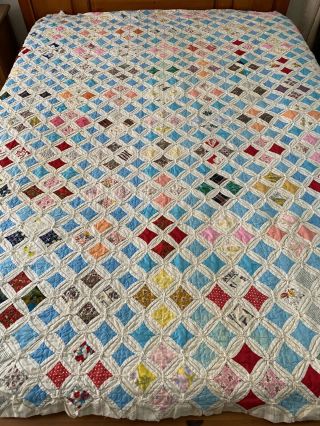 Stunning Vintage Handmade Hand Stitched Cathedral Window Quilt 77 " X 84 " Full