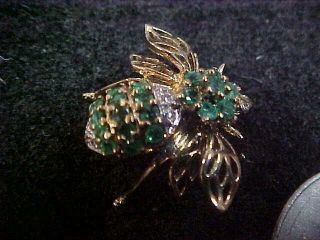 Vintage 14k Solid Yellow Gold Emerald & Diamond Bee Fly Brooch Pin Insect Bug