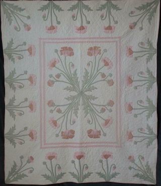 Vintage C1920 Marie Webster Pink & Green Poppy Quilt