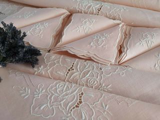 Vintage Hand Embroidered Irish Linen Tablecloth & 6 Napkins Pink Madeira Style