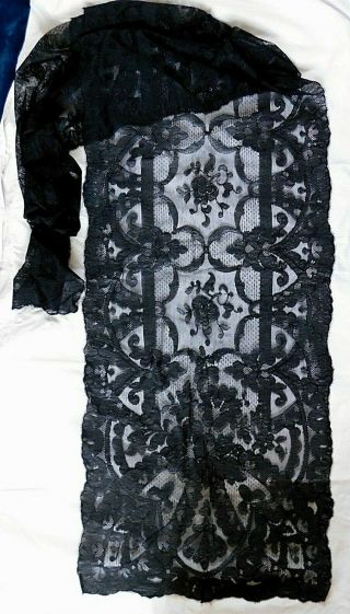 Large Antique Black Lace Shawl / Stole,  260 X 56 Cm