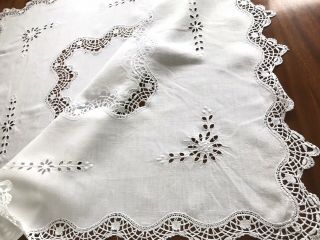 Vintage Hand Embroidered White Linen Cutwork Lace Tablecloth 36x38 Inches
