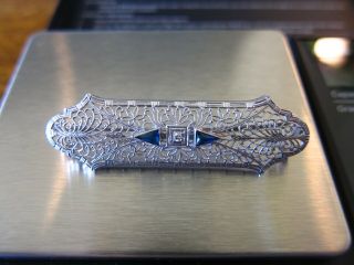 Vtg Art Deco 10k White Gold Filigree With Diamond/ Sapphires Bar Pin Brooch.