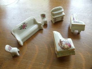 Vintage Limoges Hand Painted Miniature Porcelain Piano With Dollhouse Furniture