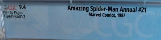 Spider - Man Annual 21 - Marvel - CGC 9.  4 NM White Pages Wedding Issue 3