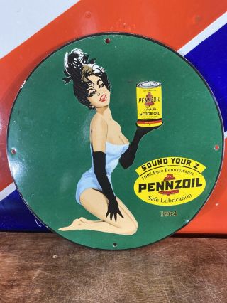 Vintage 1964  Pennzoil  Heavy Porcelain Sign 12 Inch Great Subject Matter