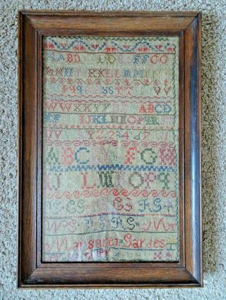 Antique 19th Century 1849 Framed Cross Stitch Alphabet Sampler Margaret Sardes