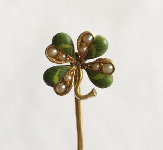 Antique 14k Art Nouveau Stick Pin,  Four Leaf Clover With Enamel,  Pearls