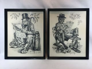 Antique 1940’s Jim Daly Prints From Charcoal Sketches Framed Under Glass