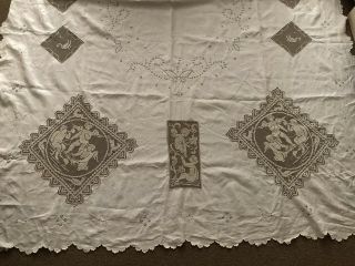 Vintage Antique Victorian? Cherub Net Lace Embroidered Tablecloth 68”x100”
