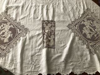 Vintage Antique Victorian? Cherub Net Lace Embroidered Tablecloth 68”x100” 3