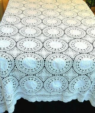 Vintage Hand Embroidered Tablecloth Crochet Lace Floral 64 X 102