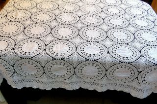 Vintage Hand Embroidered Tablecloth Crochet Lace Floral 64 x 102 2