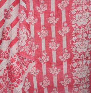 Antique French Art Deco Nouveau Roses Stripe Turkey Red Damask Fabric Cover