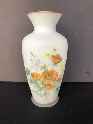 Vintage Enesco Japan Frosted White Glass Vase With Flowers Roses Gold Trim