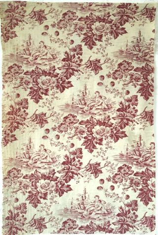 Antique 19th C.  French Scenic Floral Printed Toile Fabric (2961)