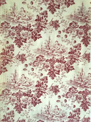 Antique 19th C.  French Scenic Floral Printed Toile Fabric (2961) 2