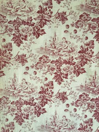 Antique 19th C.  French Scenic Floral Printed Toile Fabric (2961) 3