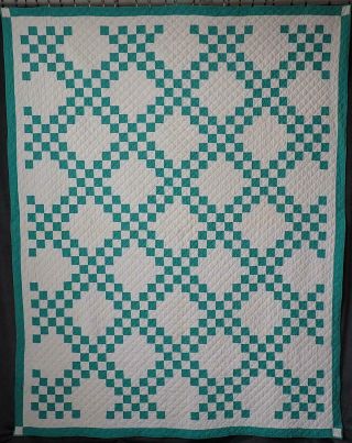 Lovely Vintage 30s Green & White Irish Chain Quilt Cottage Home