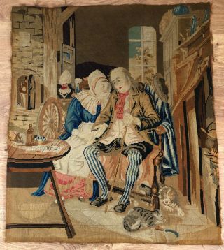 A Large Antique 19th Century Woolwork Tapestry Picture Of An Elderly Couple