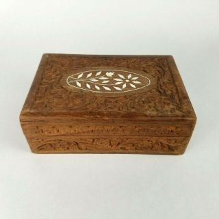 Vintage Jewelry Trinket Box Hand Carved Wooden Inlay Made In India Sheesham Wood