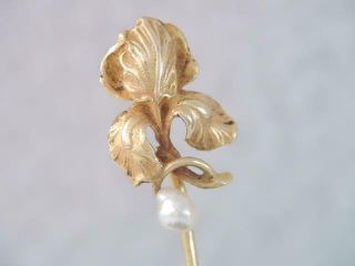Antique Victorian Solid 14k Gold Orchid Flower Stick Pin Ornate W Seed Pearl