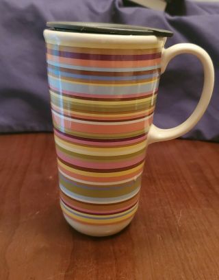 Longaberger Travel Mug Pottery Summertime Stripe Lid Handle Tall 16oz Coffee Cup