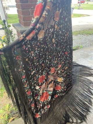 Vintage 1920s Large Embroidered Brown Piano Shawl Canton Shawl Wrap 62 Inches Sq