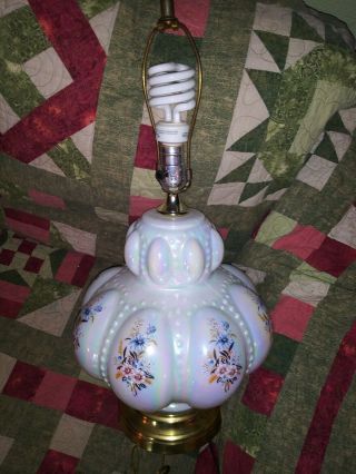 Vintage Bubble Hobnail Glass Lamp White Iridescent Blue Flowers
