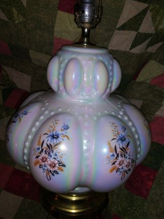 Vintage bubble hobnail glass lamp white iridescent blue flowers 2