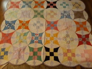Antique Hand Stitched & Quilted Feedsack 9 Patch Circles Quilt 76 " X 64 "