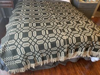 Antique 1800s Hand Woven Coverlet,  Reversible Jacquard Black And White.