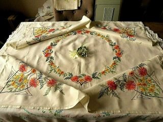 Vintage Hand Embroidered Linen Tablecloth=beautiful Vibrant Floral Bouquets/