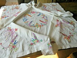 Vintage Hand Embroidered Linen Tablecloth/ Crinoline Ladies/gardens.  Larger Cloth