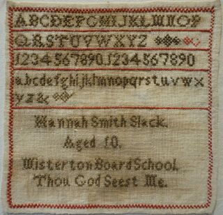 Small Late 19th Century Alphabet Sampler By Hannah Smith Slack Aged 10 - C.  1880