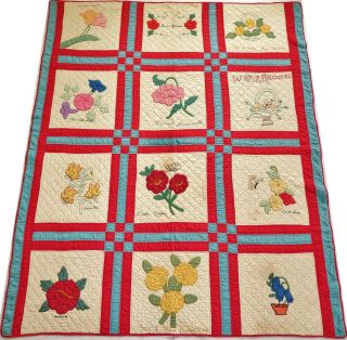 Antique 1900 Hand Stitched 9 Spi Red Teal Floral Applique Signature Quilt 76x64
