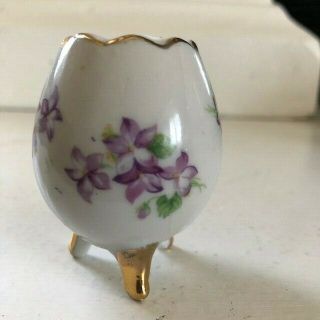 Violet Floral Egg Shaped 3 Footed Vase - Hand Painted Porcelain Gold Rimmed 2.  25 "